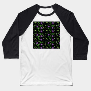 Gouache Purple and Yellow Flower Pattern with a black background Baseball T-Shirt